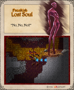 #PraCegoVer: imagem com o título  "Freakish Lost Soul" ao lado de uma criatura roxa com um buraco no meio do peito. Há uma citação da voz da criatura: "No, No, No!!" Abaixo, uma screenshot de como a criatura é dentro do jogo.