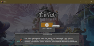 imagem do launcher de Tibia, apresentando a atualização versão 12.91.12383